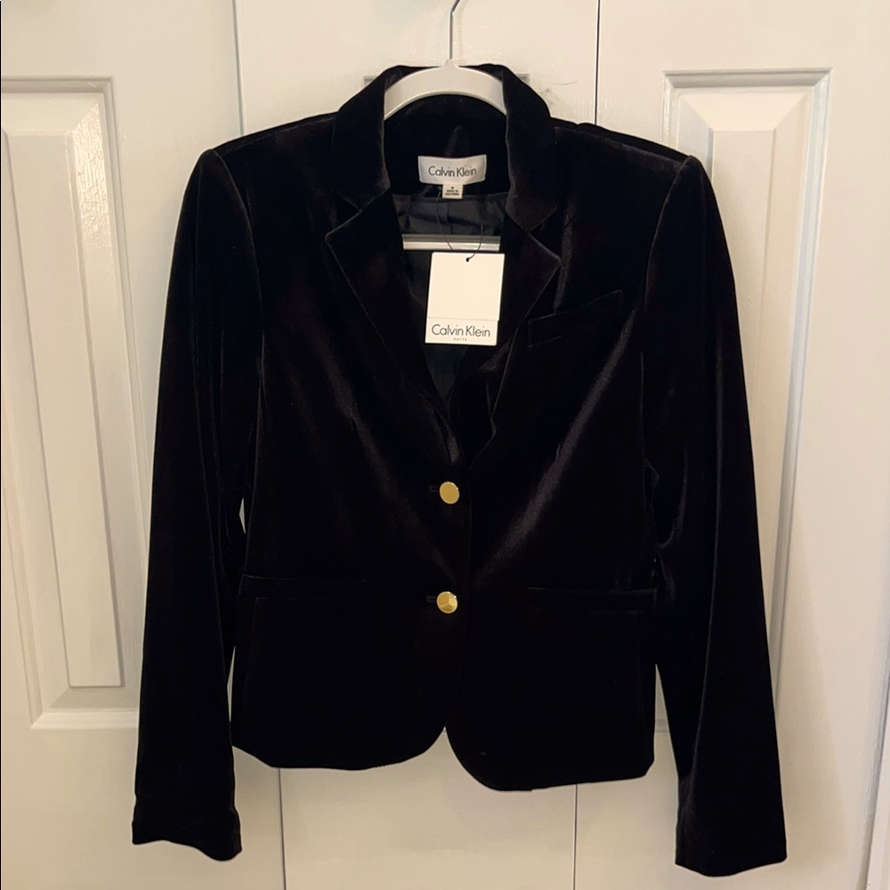 Calvin Klein Black Silky Soft Velvet Blazer Goldtone Buttons Sz. 6 New With Tags